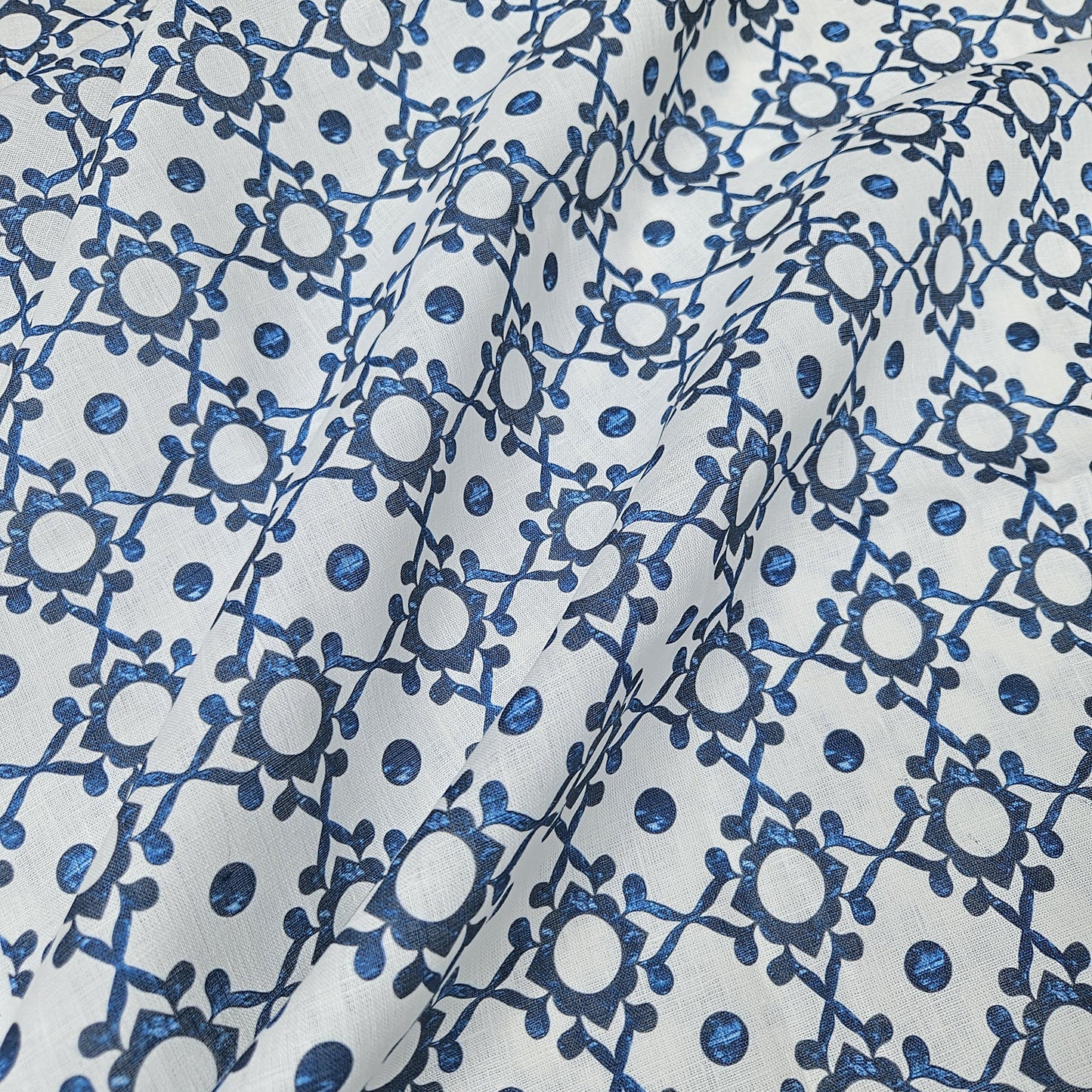 100% LINEN Fabric block print indigo blue on white - linen fabric with blue floral print heavy linen fabric for upholstery home decor