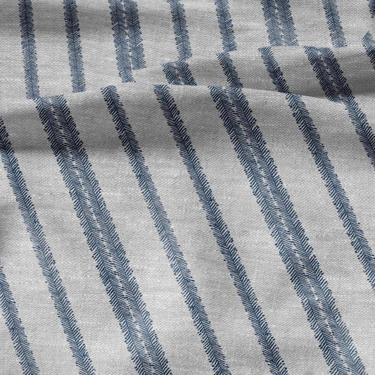 100% LINEN Fabric block print stripe floral blue green on grey - oatmeal linen fabric with botanical print for upholstery home decor 3089