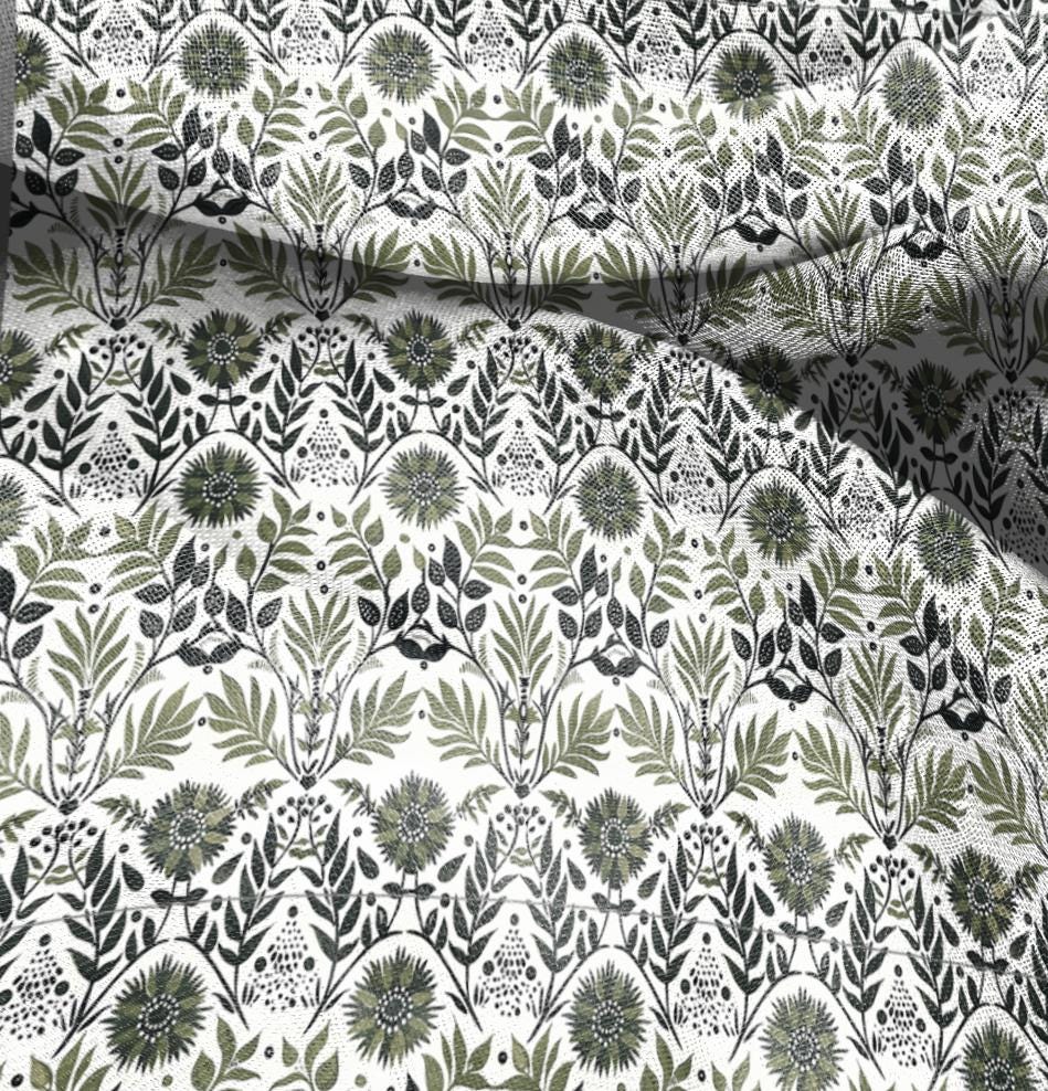 100% LINEN Fabric Floral green white, linen fabric with botanical block print, heavy linen fabric for upholstery home decor curtains cushion