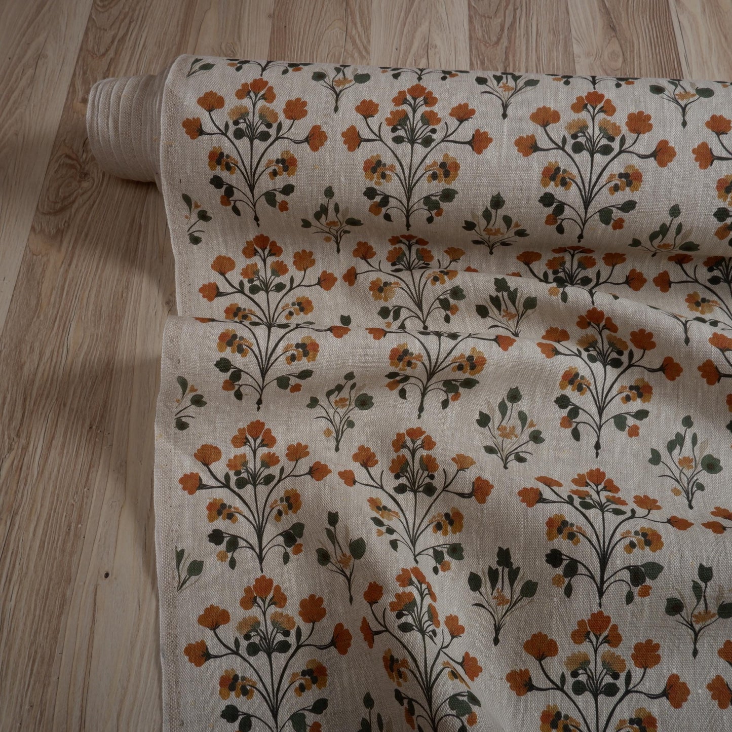 100% LINEN Fabric block print on oatmeal natur linen fabric with yellow floral print, heavy linen fabric for upholstery home decor