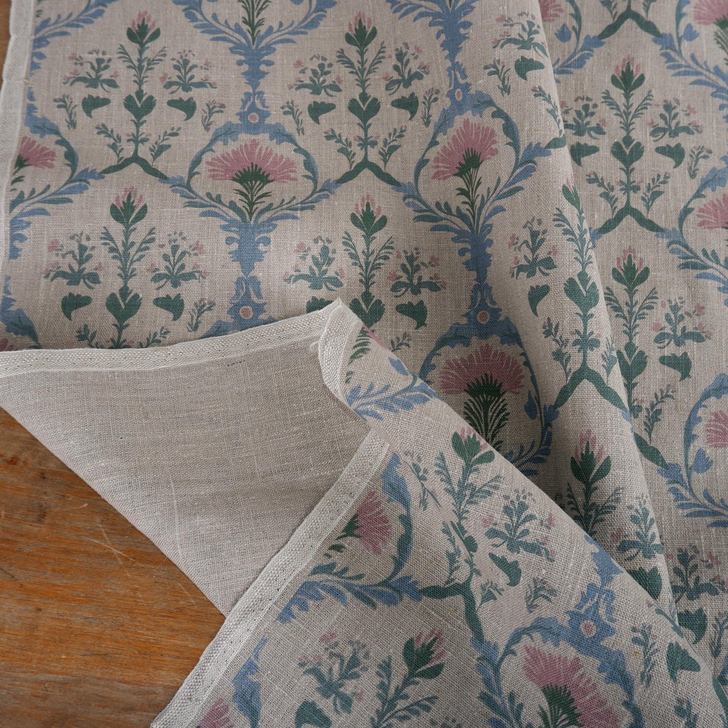 100% LINEN Fabric pink blue block print on oatmeal natur linen, floral toile de jouy fabric, French linen floral upholstery 2254
