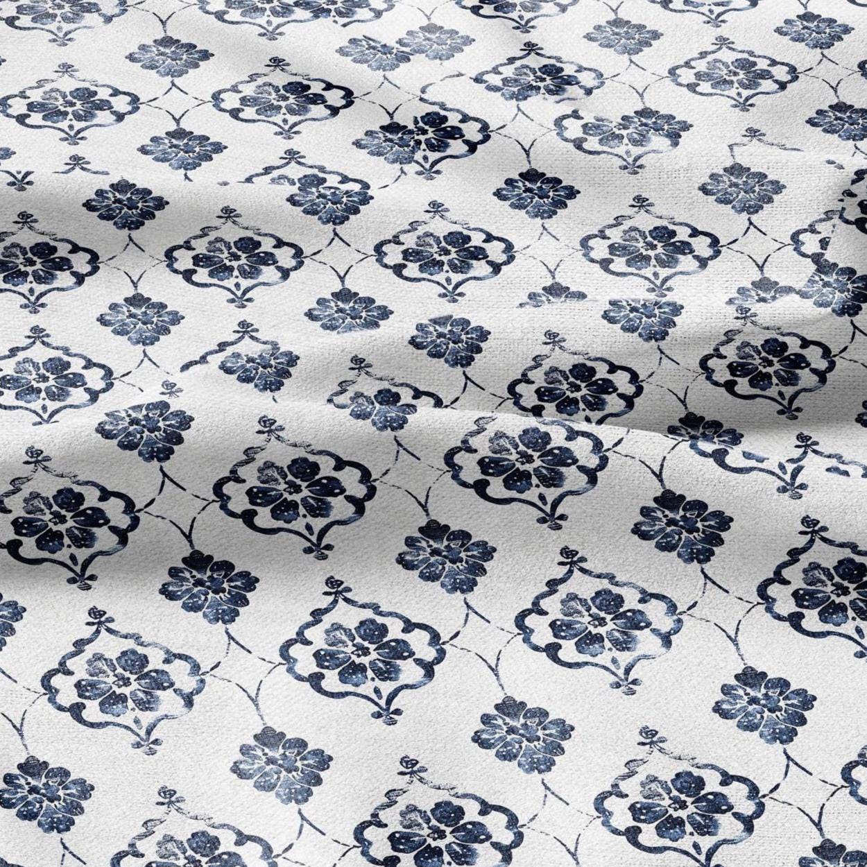 100% LINEN Fabric Greek blue flower print on white linen - Floral print flax fabric for uphlstery heavy / medium for clothing 2574