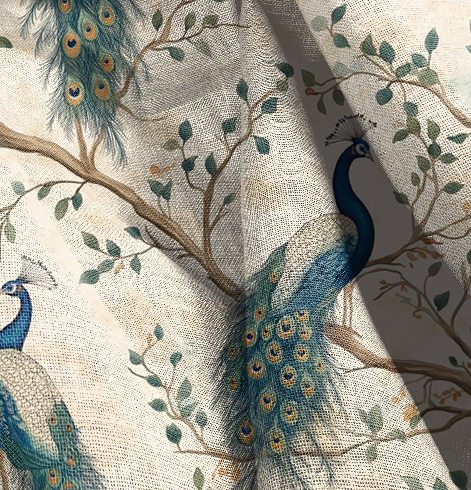 100% LINEN Fabric oriental pritn with peacock, linen fabric with botanical print, heavy linen fabric for upholstery home decor