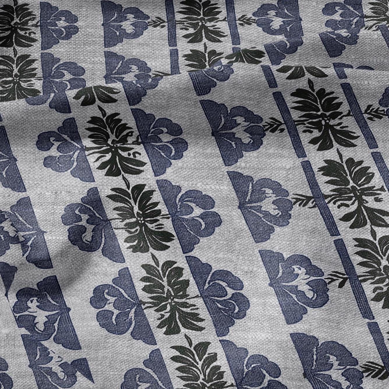 100% LINEN Fabric hand block print floral stripe - oatmeal linen fabric with blue green print - fabric for home decor upholstery