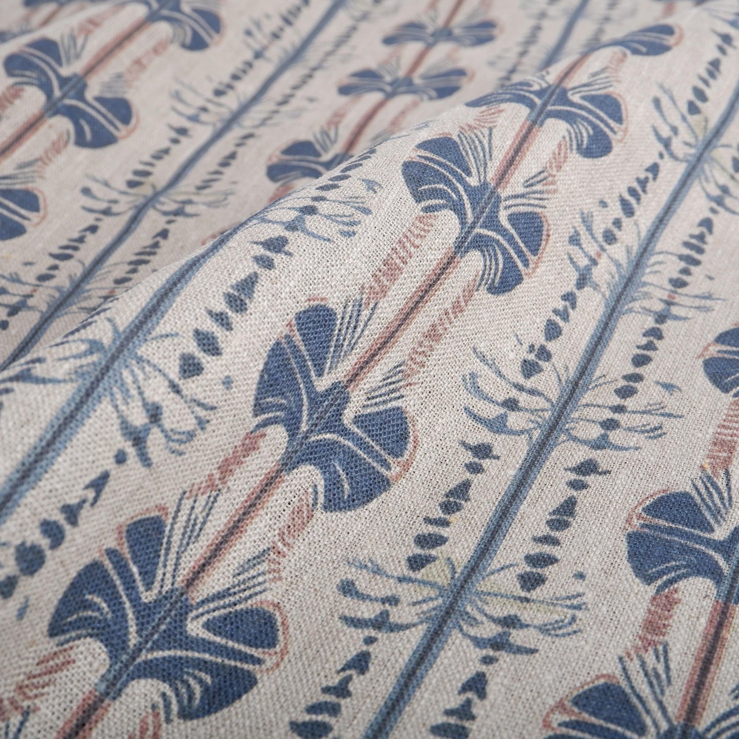 100% LINEN Fabric Stripe abstract blue block print on oatmeal natur linen, floral toile de jouy fabric, French linen floral upholstery 2237