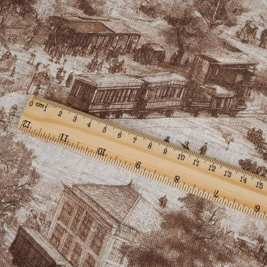 100% LINEN Fabric Toile de Jouy train station - oatmeal linen fabric brown town scenery - French linen fabric light upholstery sewing 2712