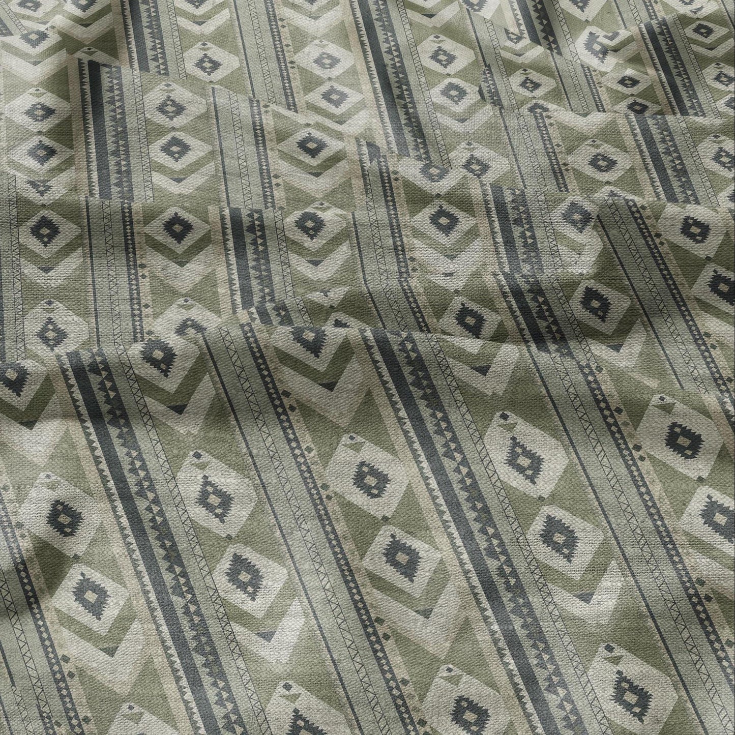 100% LINEN Fabric Western Abstract in pale green - tribal green print on linen print upholstery curtains dress making