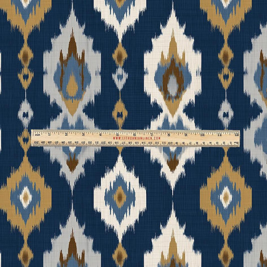 100% LINEN Fabric UPHOLSTERY 12oz - Navy brown ikat stripe print on linen 2972