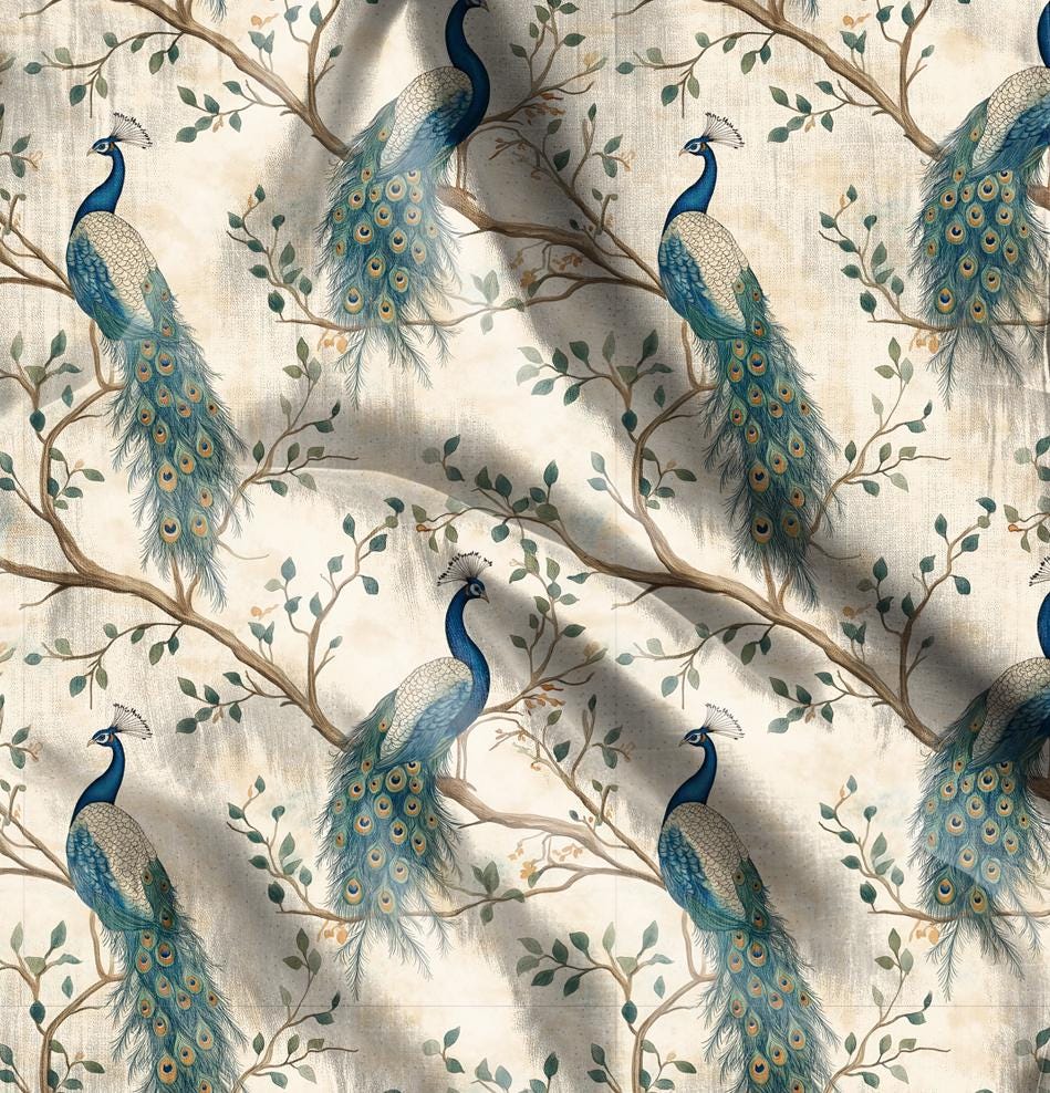 100% LINEN Fabric oriental pritn with peacock, linen fabric with botanical print, heavy linen fabric for upholstery home decor