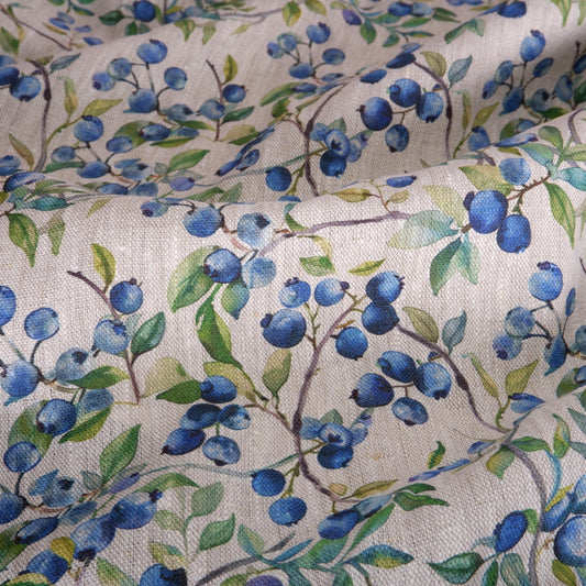 100% LINEN Fabric with BLUEBERRY field print - linen fabric berries print - Scandinavian linen fabric upholstery home decor dressmaking