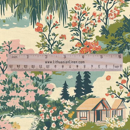 100% LINEN Fabric Country side - Village lanscape for upholstery dressmaking curtains home textile Art Nouveau 2133
