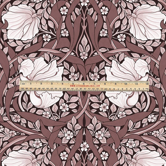 100% LINEN Fabric UPHOLSTERY 12oz - William Morris Pimpernel brown print on linen - Victorian art craft - floral upholstery 203B