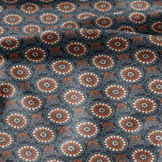 100% LINEN Fabric block print MaruiHana - japanese floral print heavy linen for upholstery home decor or medium weight dress making 2799