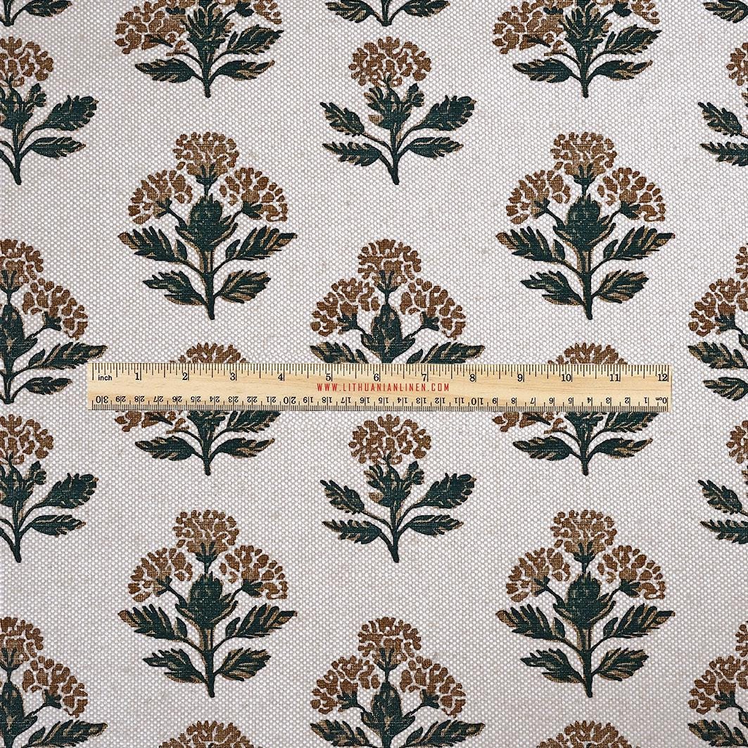 100% LINEN Fabric UPHOLSTERY 12oz - block print flowers - oatmeal with black brown print Achillea - Modern Vintage upholstery 2487