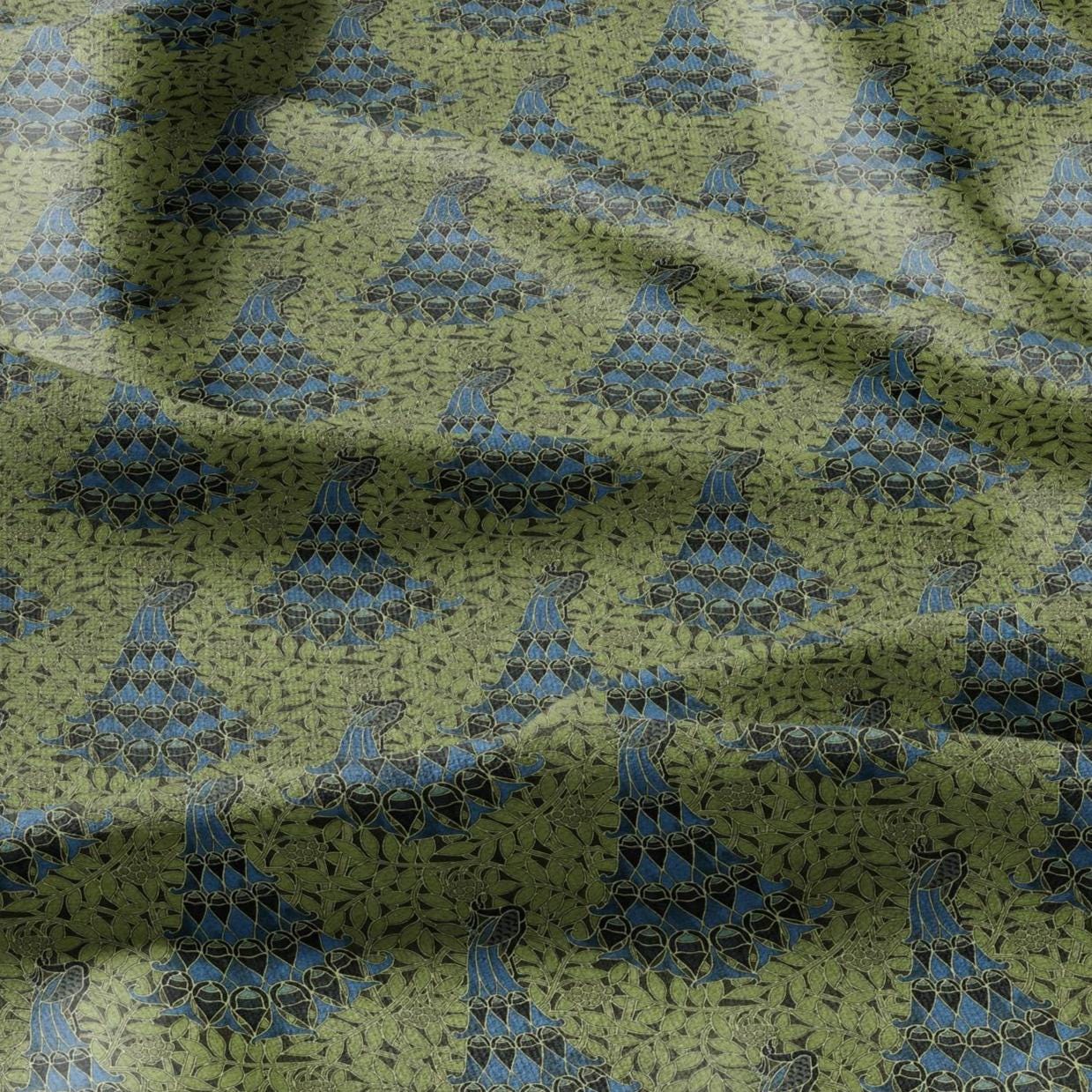 100% linen Vintage Peacock fabric for Curtain Upholstery Cushion - green blue print fabric for dress making sewing