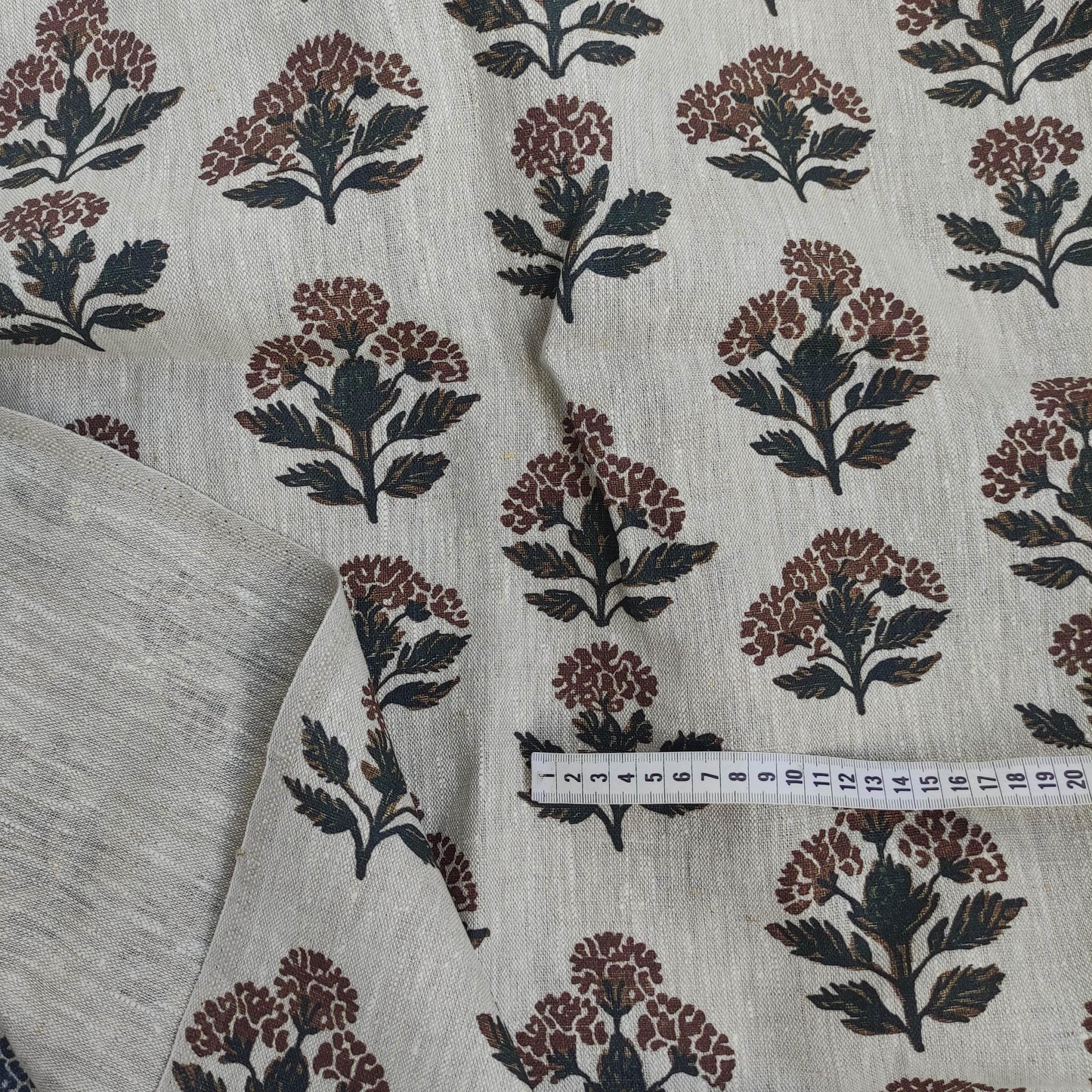 100% LINEN Fabric hand block print flowers - oatmeal linen fabric with black brown print Achillea - fabric for home decor upholstery