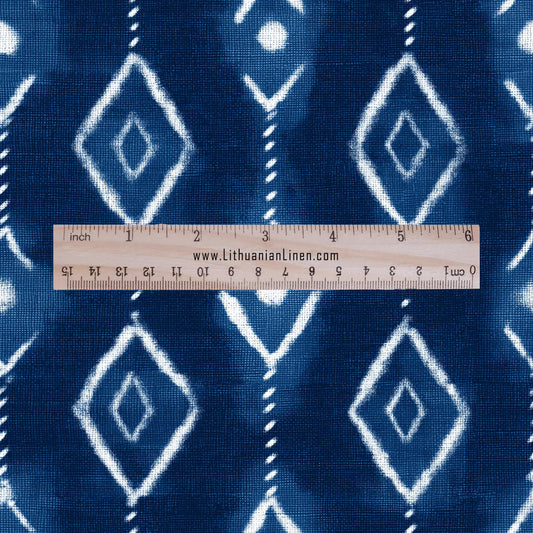 100% LINEN Fabric indigo blue print - Shibori abstract stripe square - upholstery curtains dress making 2985
