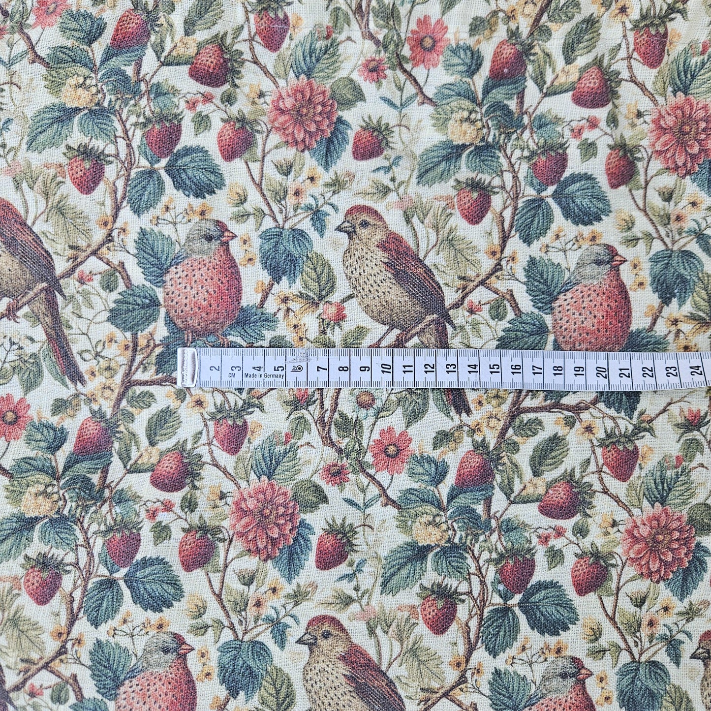 Birds in Strawberry field 100% LINEN Fabric, flax linen fabric Strawberry print on linen for home textile clothing curtains