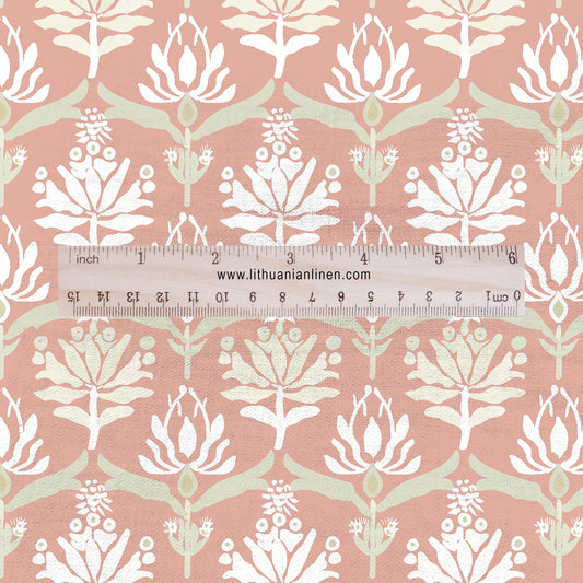 100% LINEN Fabric block print in preppy pink - floral print on white - heavy linen fabric for upholstery home decor 2592