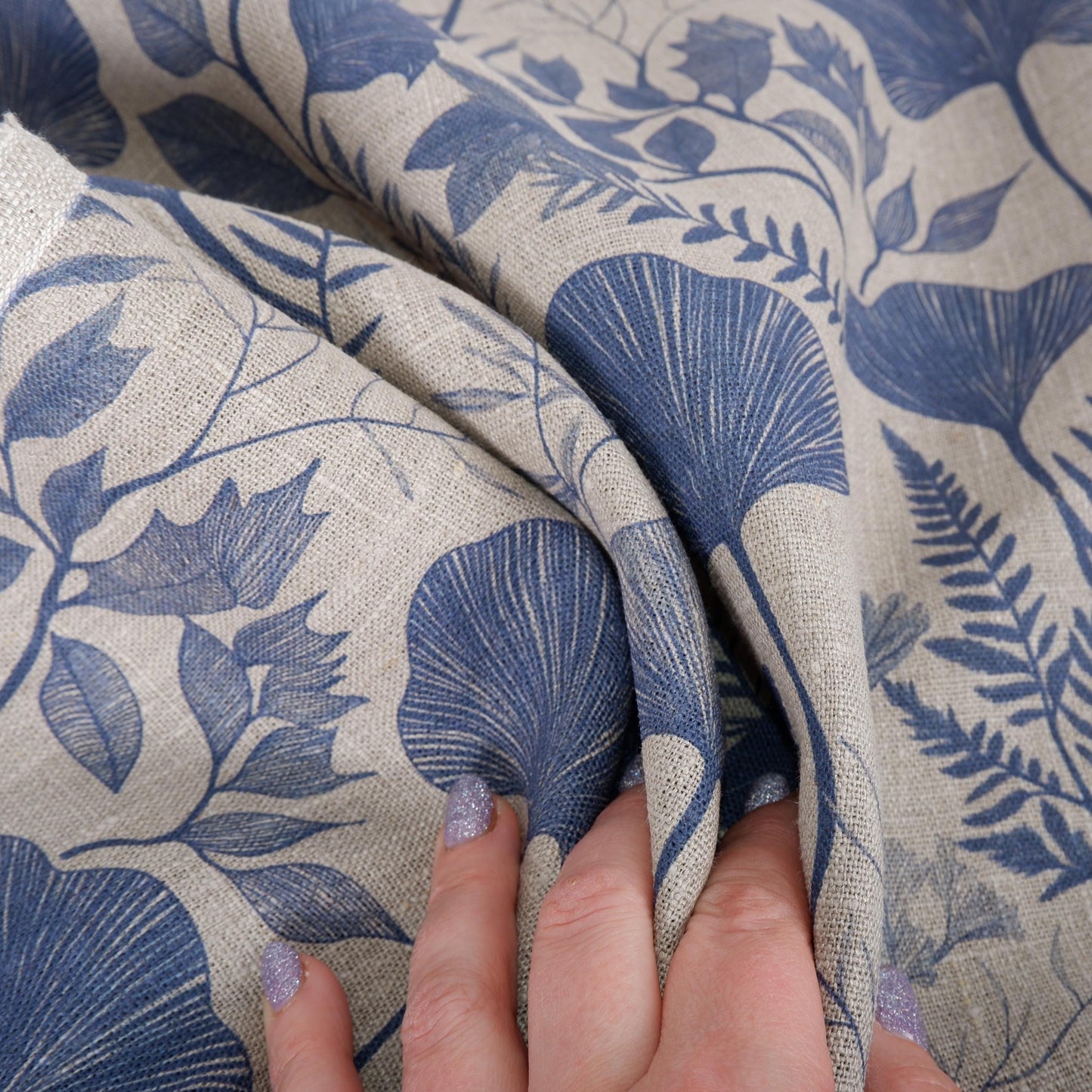 100% LINEN Fabric BLUE floral leaves print 2218