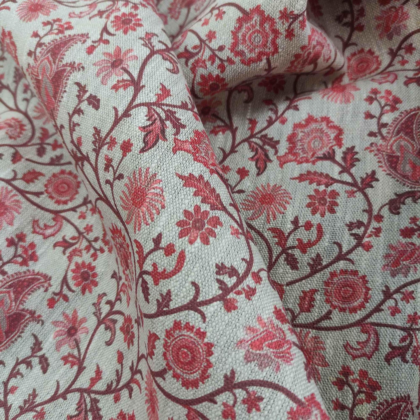 100% LINEN Fabric Toile de Jouy Paisley flowers, oatmeal natur linen fabric with red print, French linen fabric upholstery