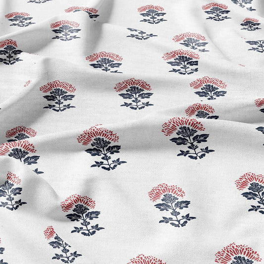 100% LINEN Fabric block print indigo blue red on white - linen fabric with floral print -heavy linen fabric for upholstery home decor