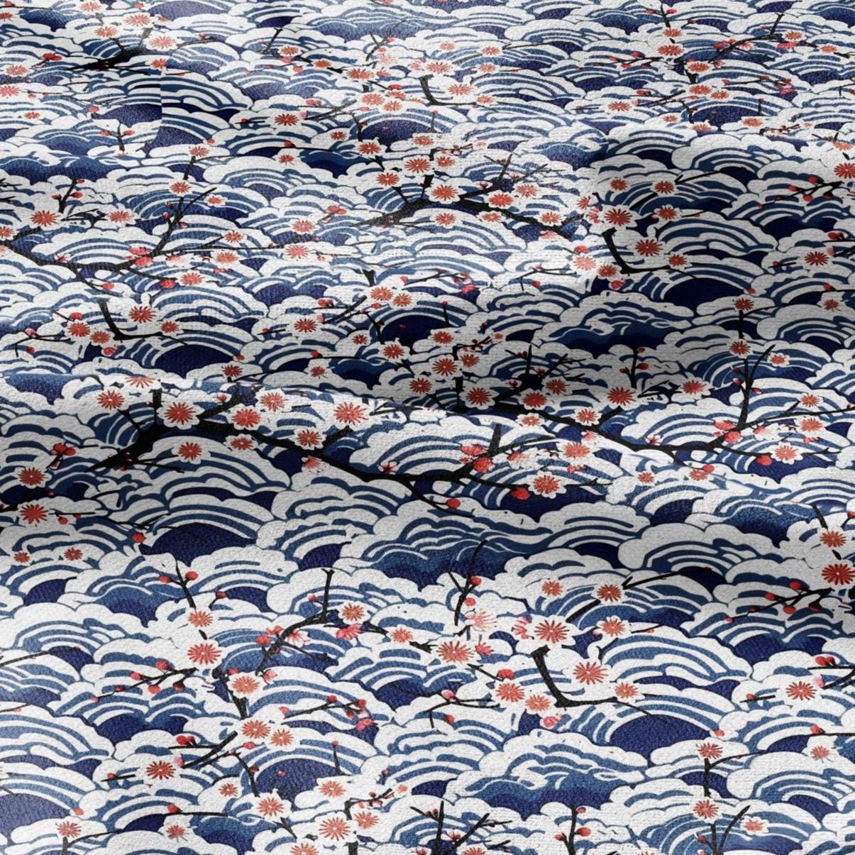 100% LINEN Fabric block print Japanese Sakura sea - red blue indigo floral print - heavy upholstery home decor - medium for clothing 2597
