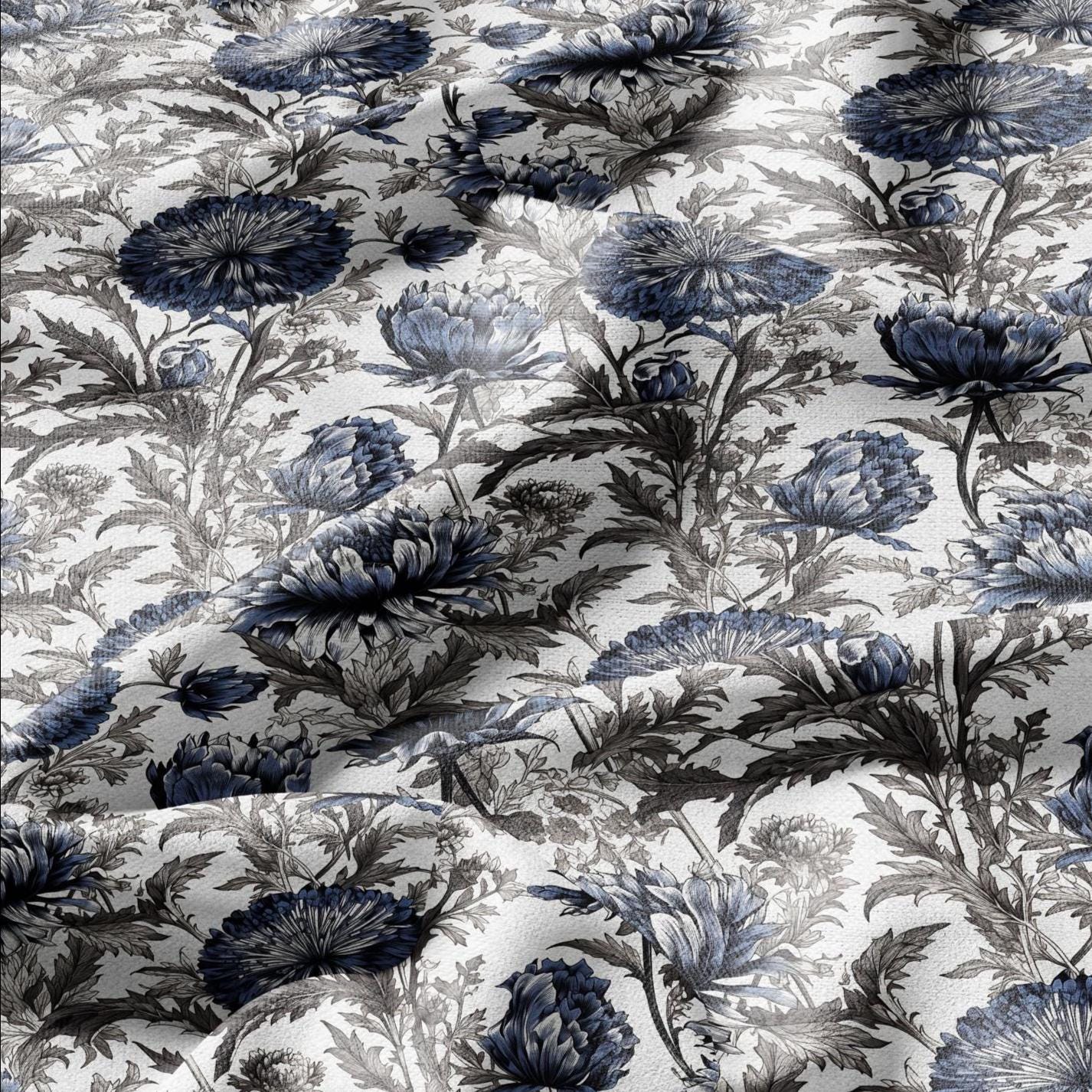 100% LINEN Fabric blue flower print on white linen - Floral print flax fabric for uphlstery heavy / medium for clothing 2575