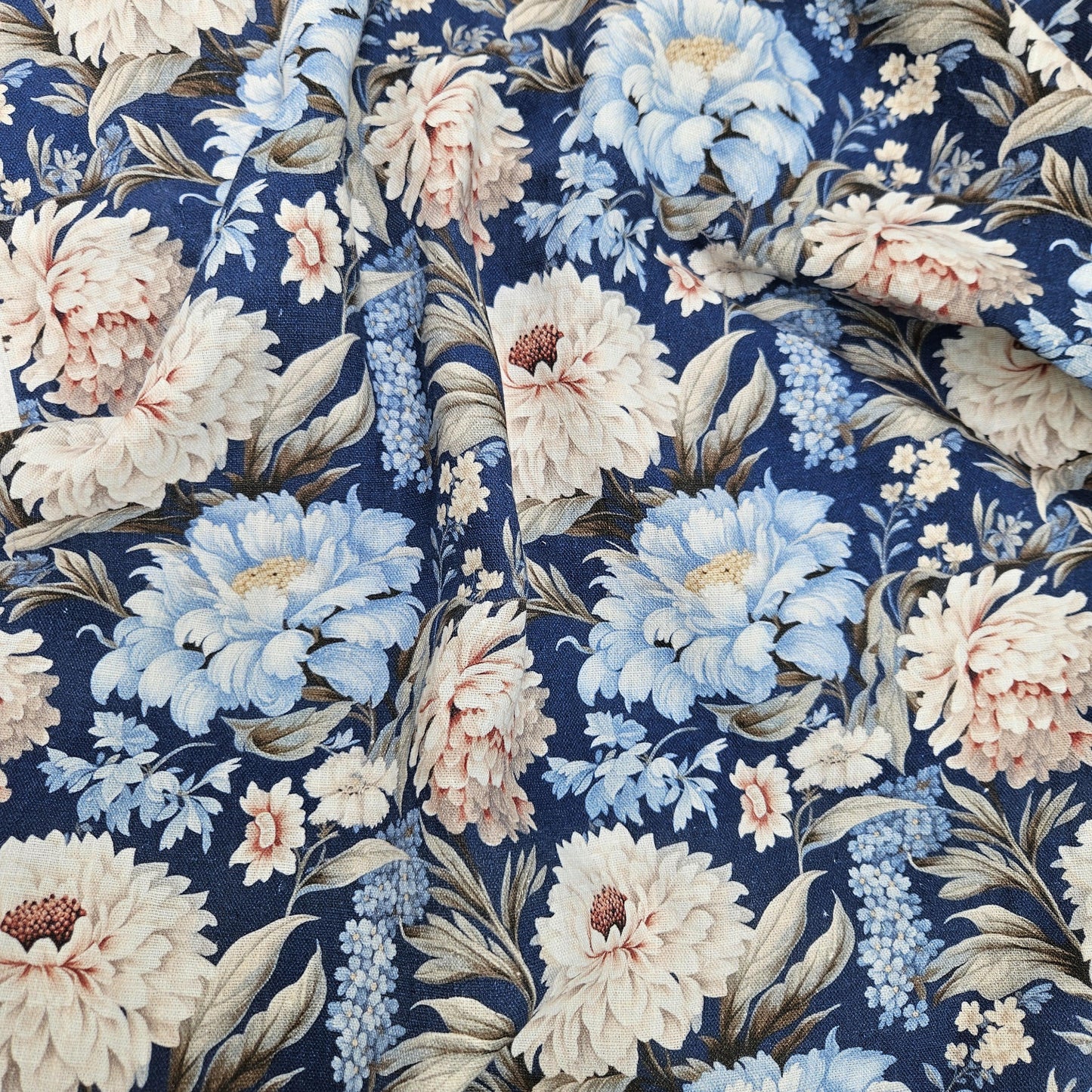100% LINEN Fabric blue floral DAHLIAS, white blue botanical fabric with floral print, indian block print on linen linen 2578