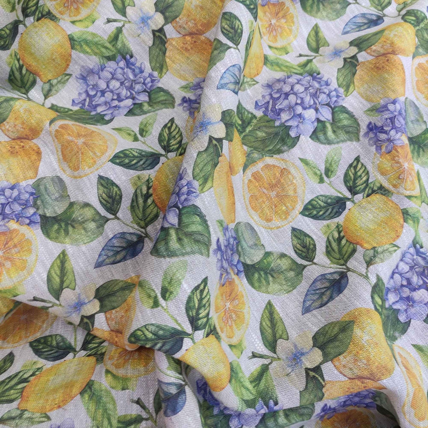 100% LINEN Fabric lemon and hydrangea print - oatmeal natur linen with citrus print - linen fabric home decor upholstery