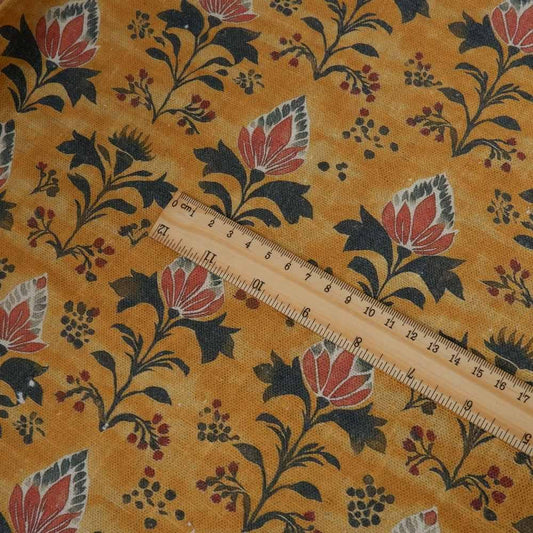 100% LINEN Fabric block print in mustard yellow - linen fabric floral print - light upholstery home decor dressmaking sewing 2079
