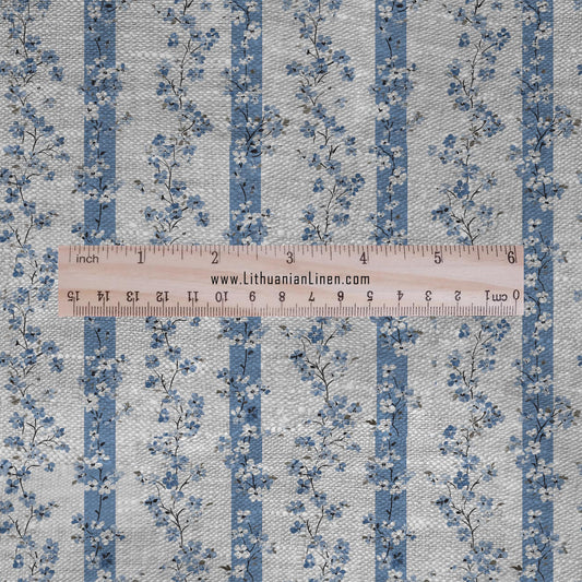 100% LINEN Fabric floral stripe block print on oatmeal linen - blue gray heavy fabric for upholstery - medium weight linen dress making 2502