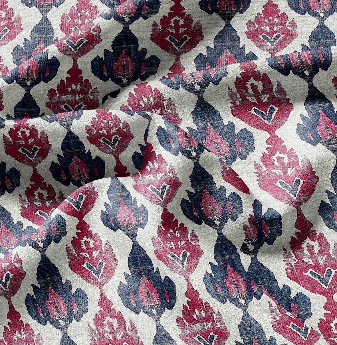 100% LINEN Fabric Ikat red navy Mudcloth - Geometric Tribal Linen Fabric for dress making Curtain Upholstery Cushion Fabric