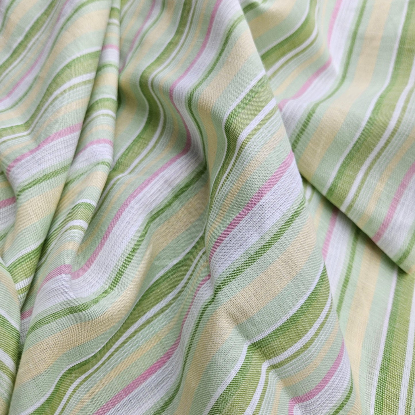 Premium Linen striped Fabric in pastel green white | Medium weight multicolor stripes Andalusia Stripe for clothing home textile