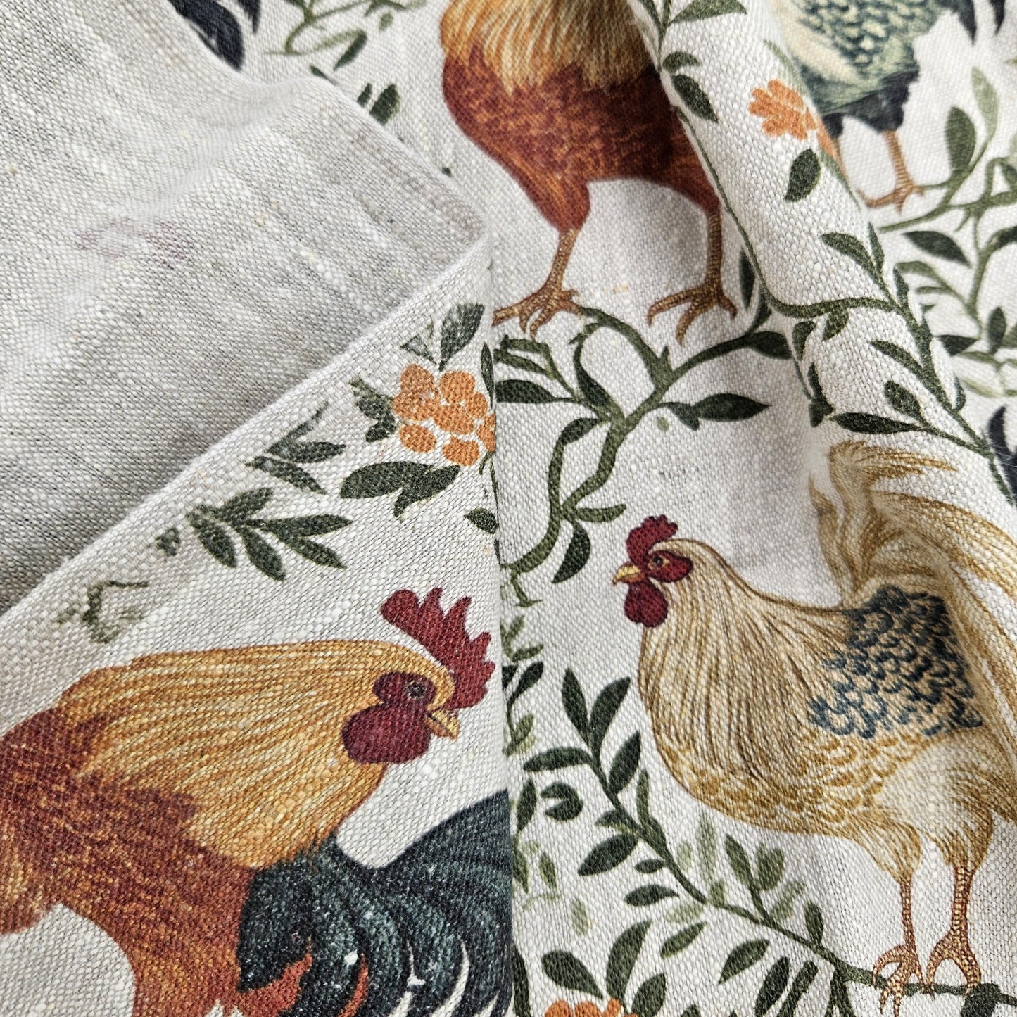100% LINEN Fabric blue rooster farm on white linen - indigo blue countryside fabric for uphlstery heavy / medium for clothing 2266