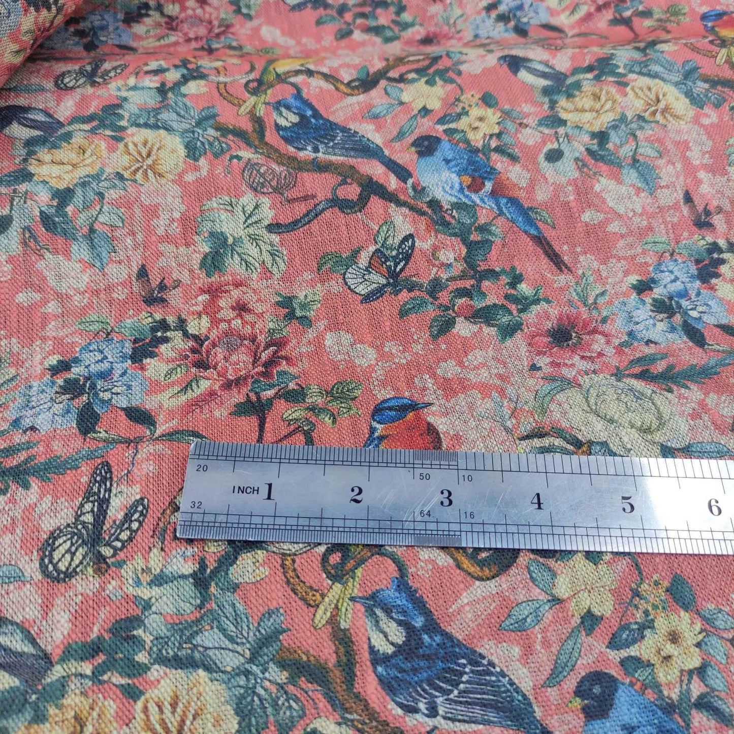 100% LINEN Fabric Toile de Jouy with flowers and birds, pink botanical print linen fabric for home decor upholstery