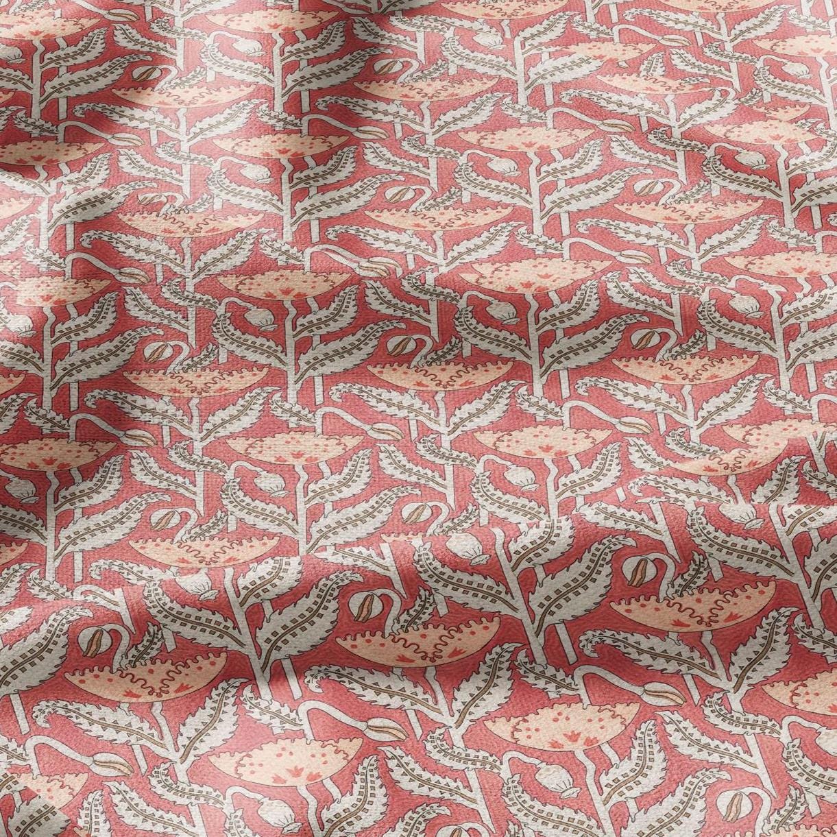 100% linen Art Nouveau Print fabric for Curtain Upholstery Cushion - Floral fabric red POPPY - fabric material for dress making sewing