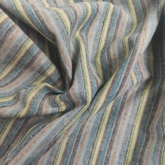 Premium Linen Santorini striped Fabric in blue green | Medium weight multicolor stripes in blue green navy | button up shirting fabric T143