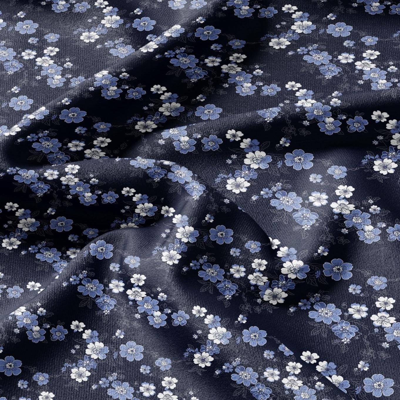 100% LINEN Fabric Japanes blue floral print on white linen - indigo flower on flax fabric for uphlstery heavy / medium for clothing 2579