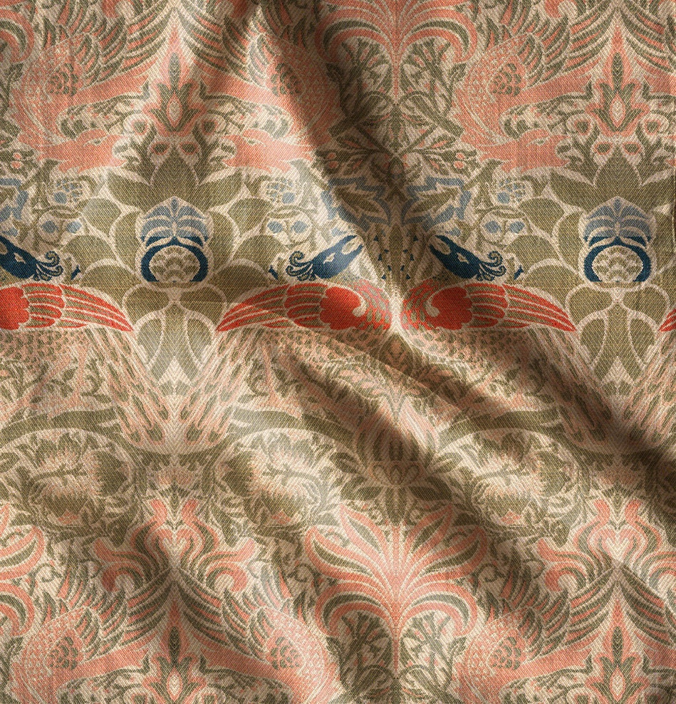 William Morris Dragon and peacock print on 100% LINEN, Victorian Art and crafts linen Fabric, Linen fabric botanical Historical pattern