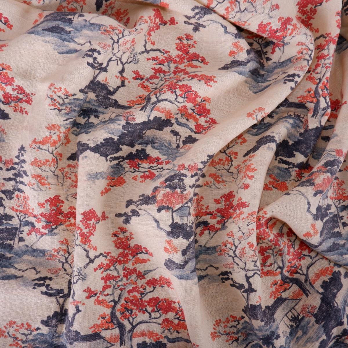 100% LINEN Fabric Floral print, Autumn in Japan botanical print linen fabric, heavy linen fabric for upholstery home decor curtains cushions