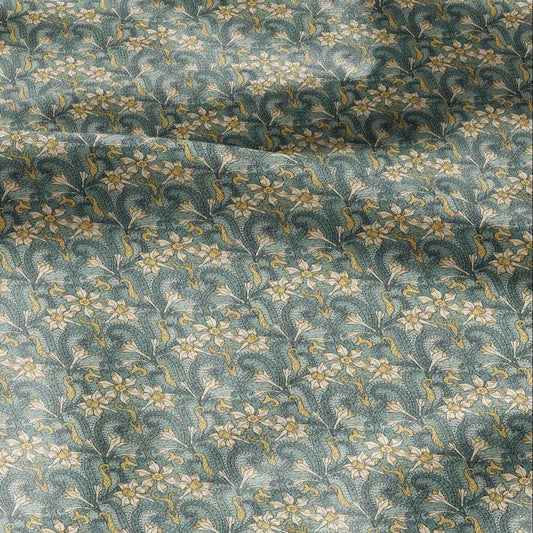 100% linen Art Nouveau Print fabric for Curtain Upholstery Cushion - Floral fabric Jonquil green - for dress making sewing 2454
