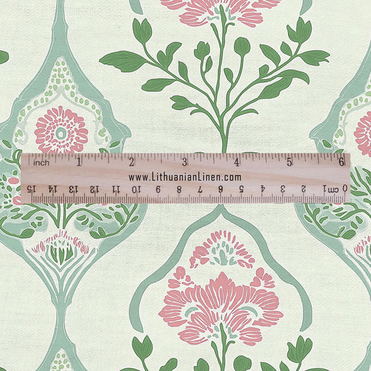 100% LINEN Fabric oriental print - preppy pink green floral block print - 2585 - upholstery home decor clothing sewing