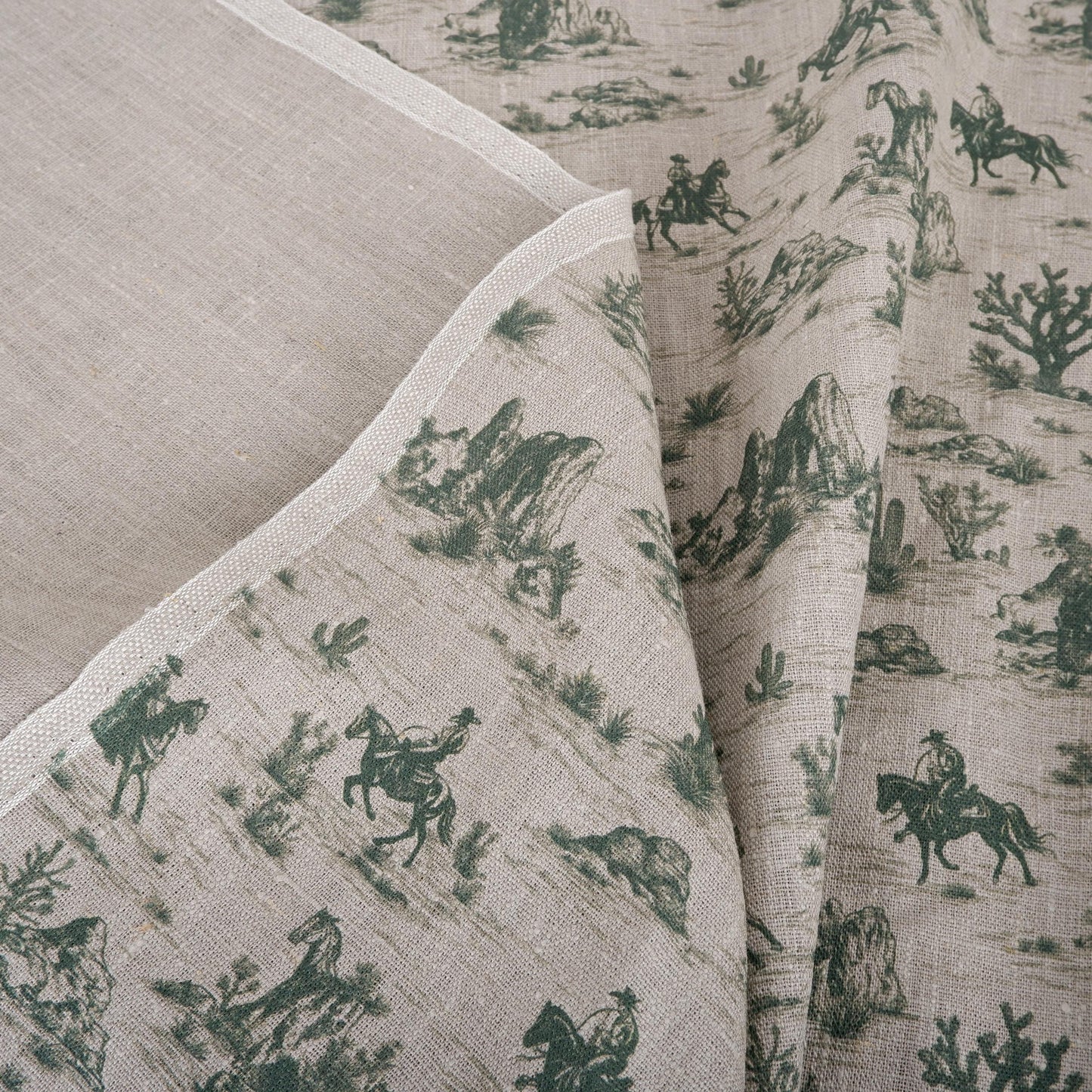 100% LINEN Fabric Toile de Jouy Cowboy in desert Countryside - oatmeal linen fabric with green print upholstery home decor curtains