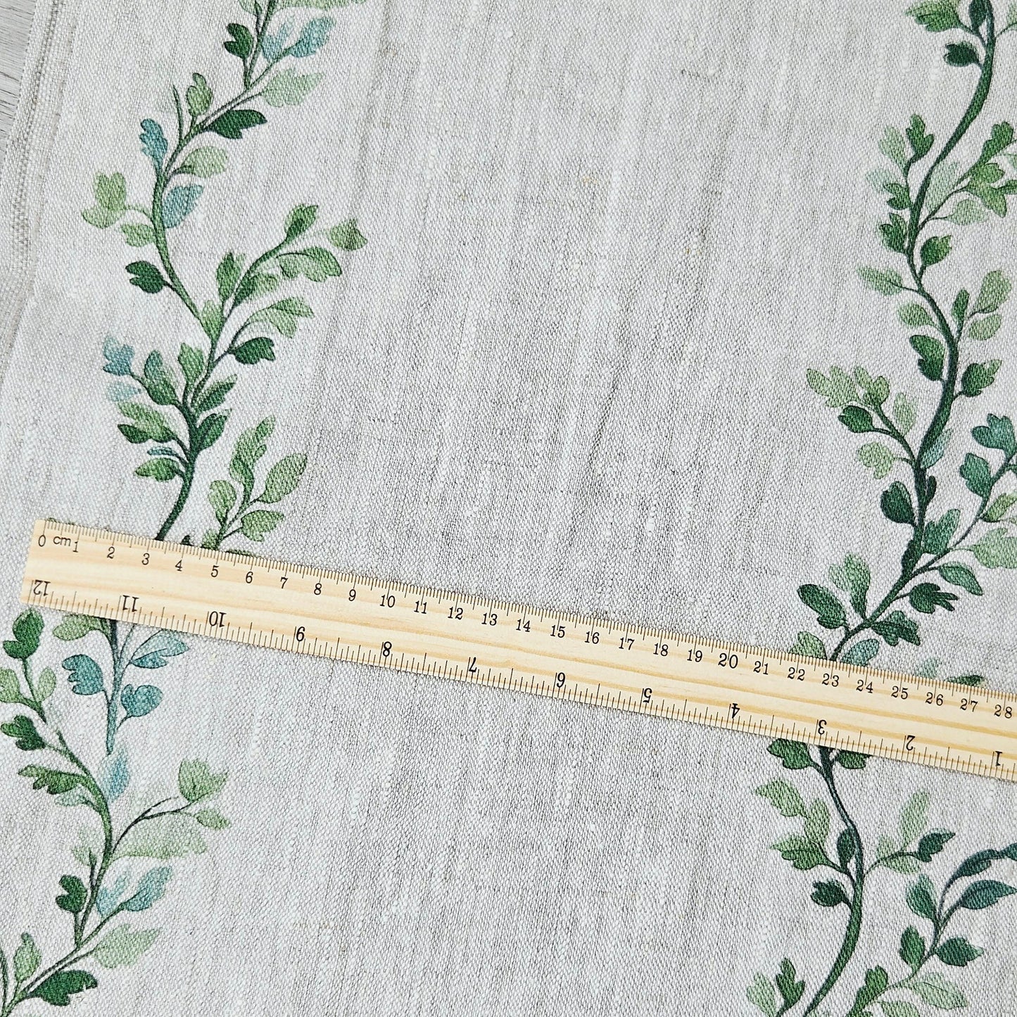 100% LINEN Fabric Striped floral print - block print green leaves on oatmeal linen for upholstery curtains dress making 2668