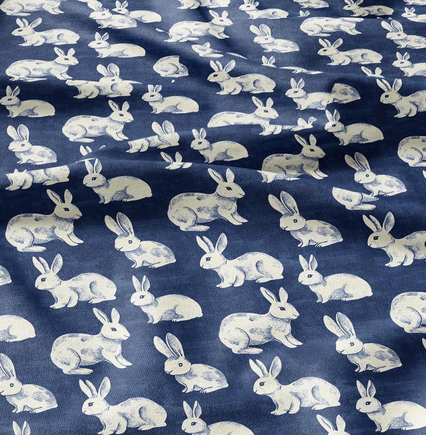 100% LINEN Fabric Rabbit indigo blue print - bunny linen fabric with blue coastal print for upholstery home decor