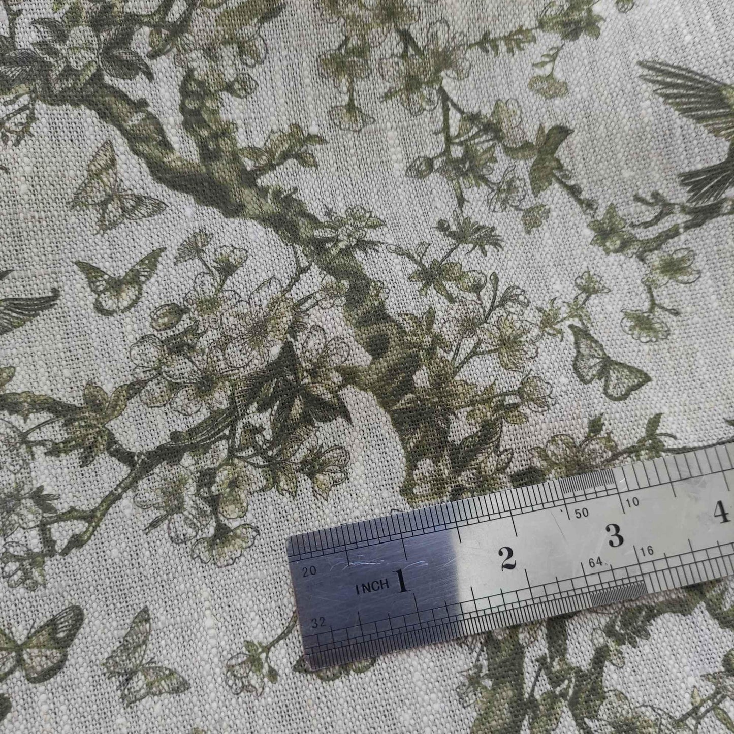 100% LINEN Fabric Toile de Jouy green, oatmeal natur linen fabric with green print, French linen fabric upholstery trees branches with birds