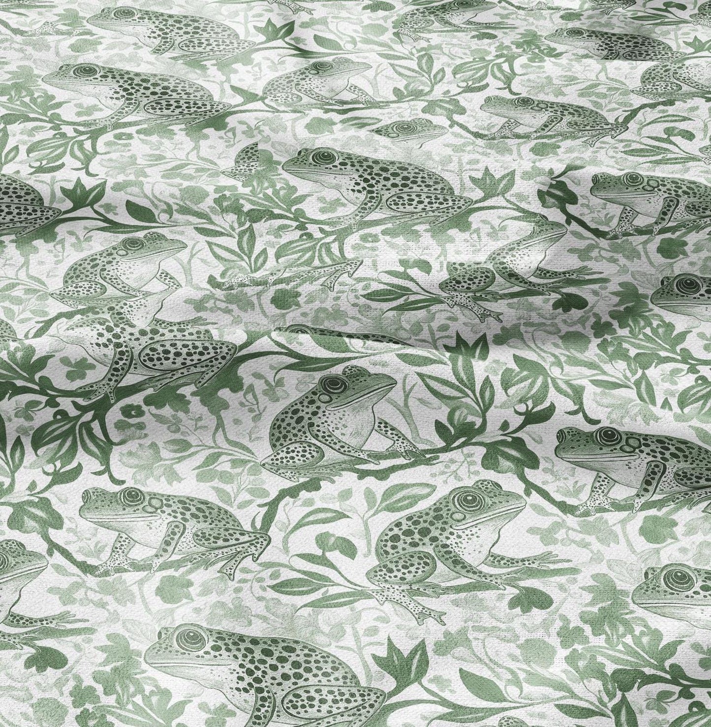 100% LINEN Fabric toile de jouy Frog Nautical print - green white linen fabric with blue coastal print for upholstery home decor