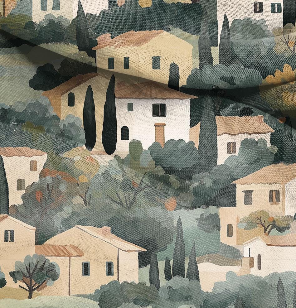 100% LINEN Fabric Tuscany landscape print, linen fabric with house and cypress tree print, heavy linen fabric for upholstery home decor