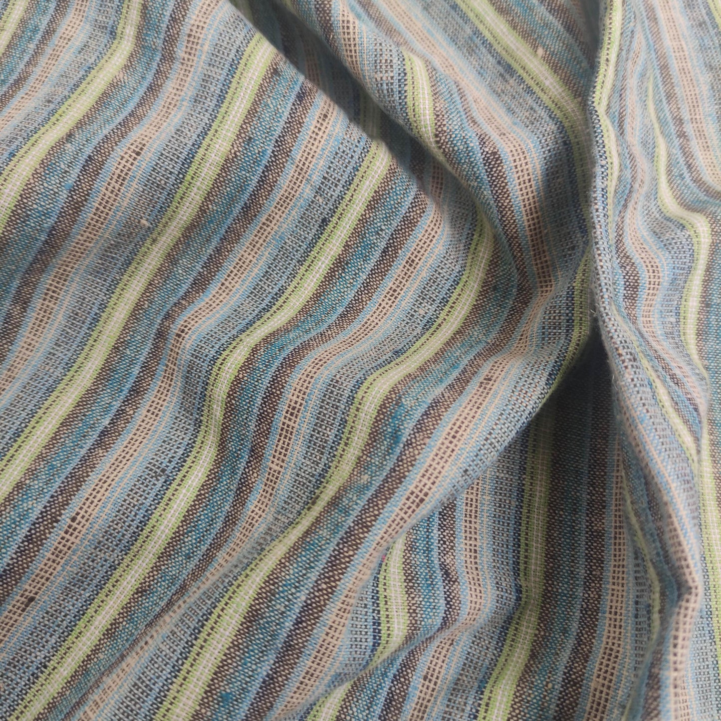 Premium Linen Santorini striped Fabric in blue green | Medium weight multicolor stripes in blue green navy | button up shirting fabric T143